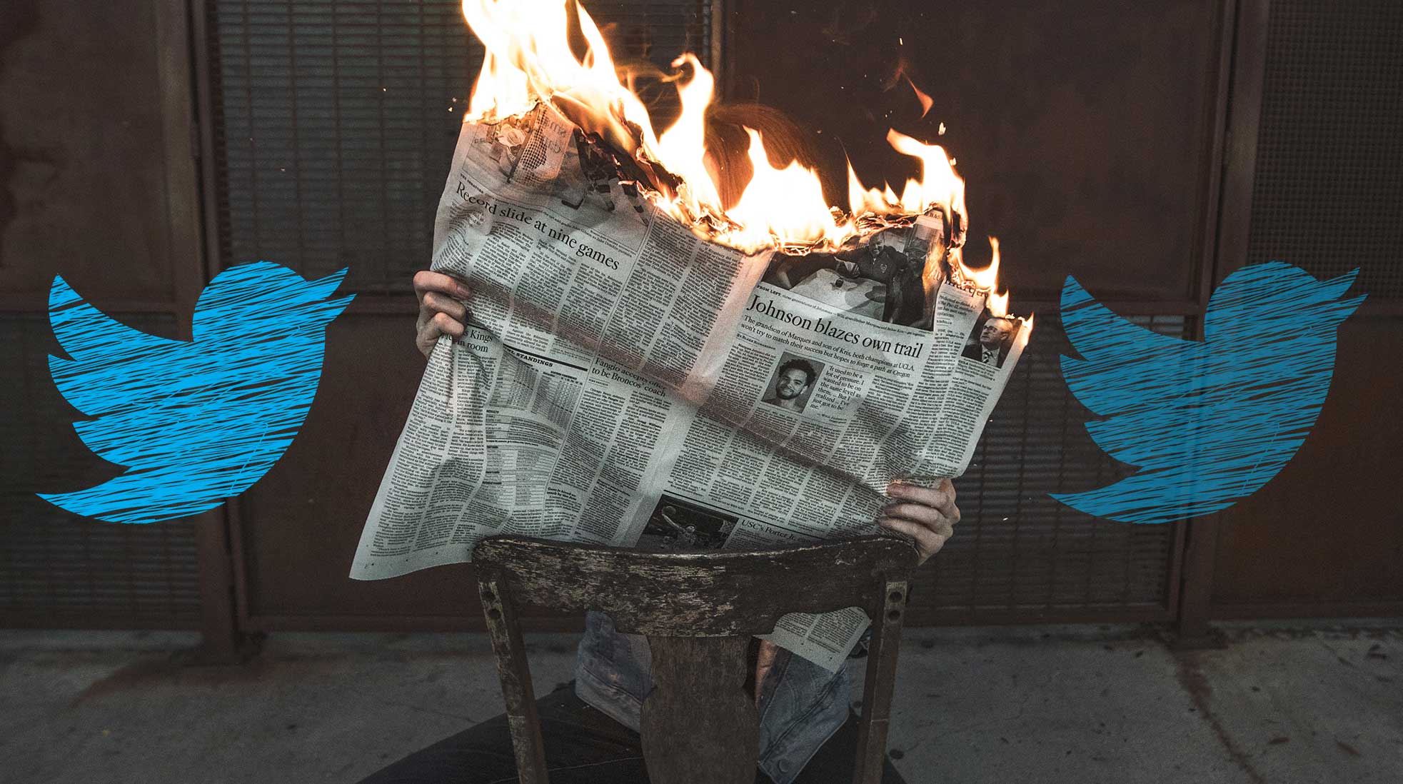 “Fake news” frodas på Twitter/X. Foto: Jeremy Bishop/Unsplash. Twitterfågel: Elisa/Pixabay. Kollage: Media.nu.
