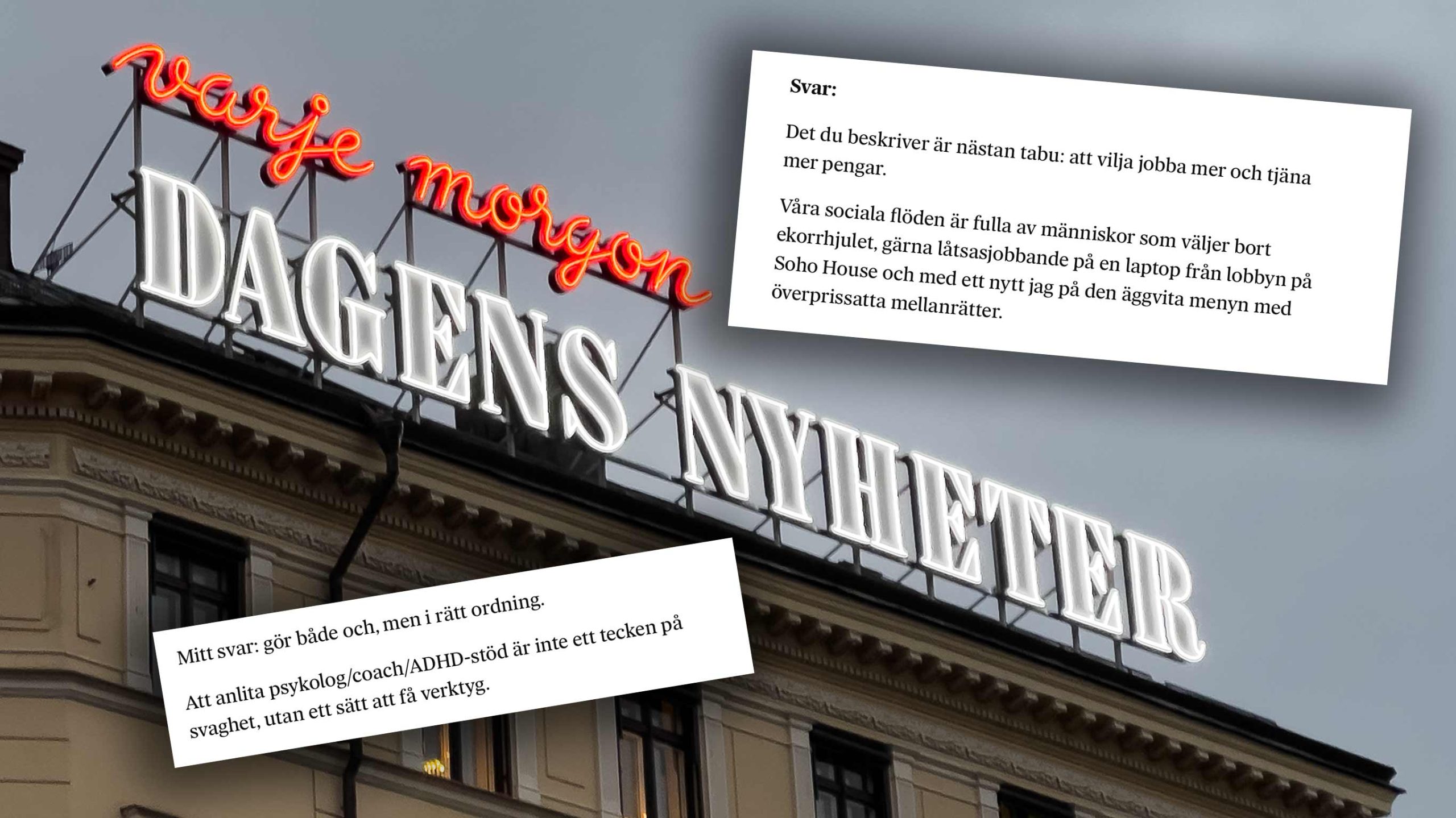 DN:s ekonomipanel publicerade ett svar med starka markörer för AI-genererad text. Foto: Media.nu, skärmdumpar från Dagens Nyheter.