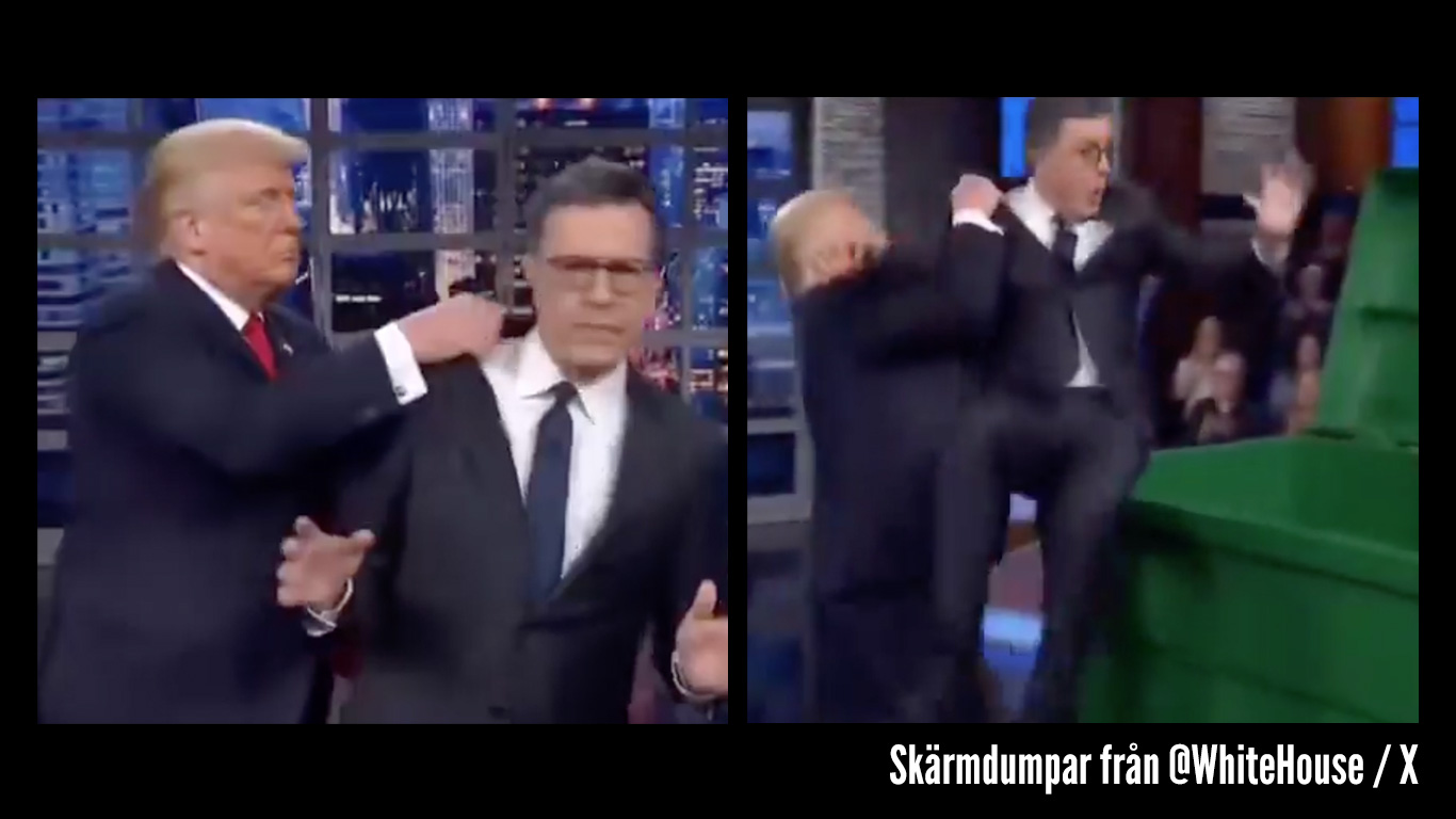 Donald Trump slänger Stephen Colbert i en soptunna i en AI-genererad video. Foto: Skärmdumpar från Vita husets X-konto.