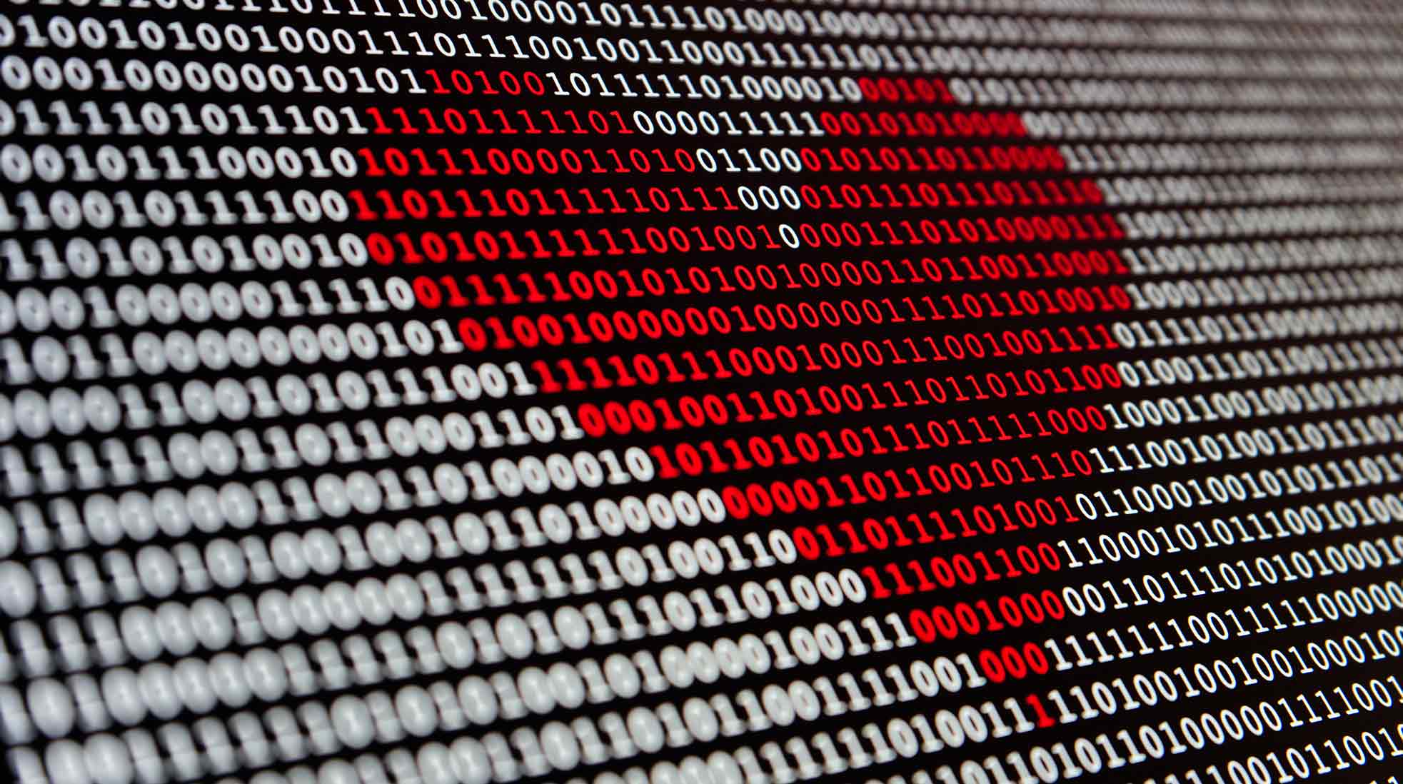 Ett hjärta ovanpå datorkod – ettor och nollor