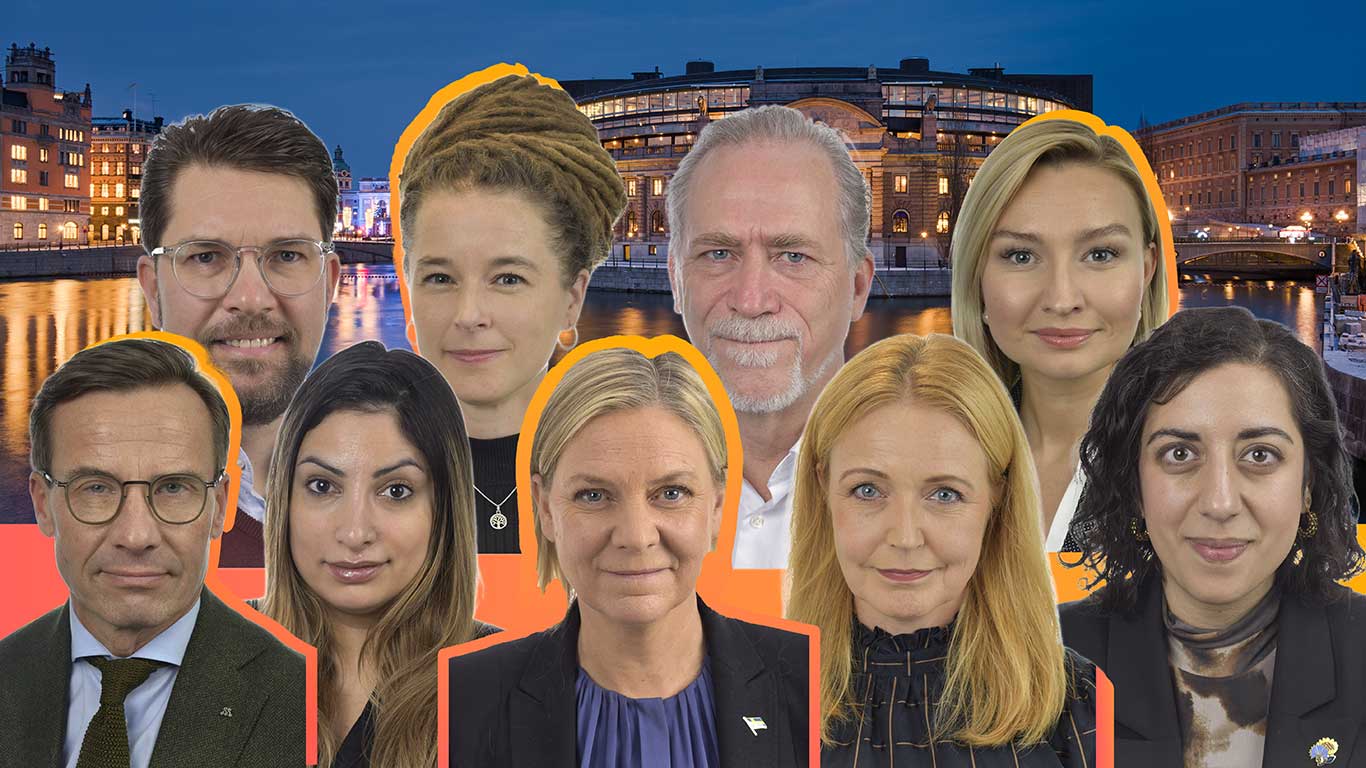 Partiledarna och riksdagshuset i Stockholm (kollage). Foto: Julian Herzog via Wikimedia Commons (CC BY 4.0) / Sveriges riksdag