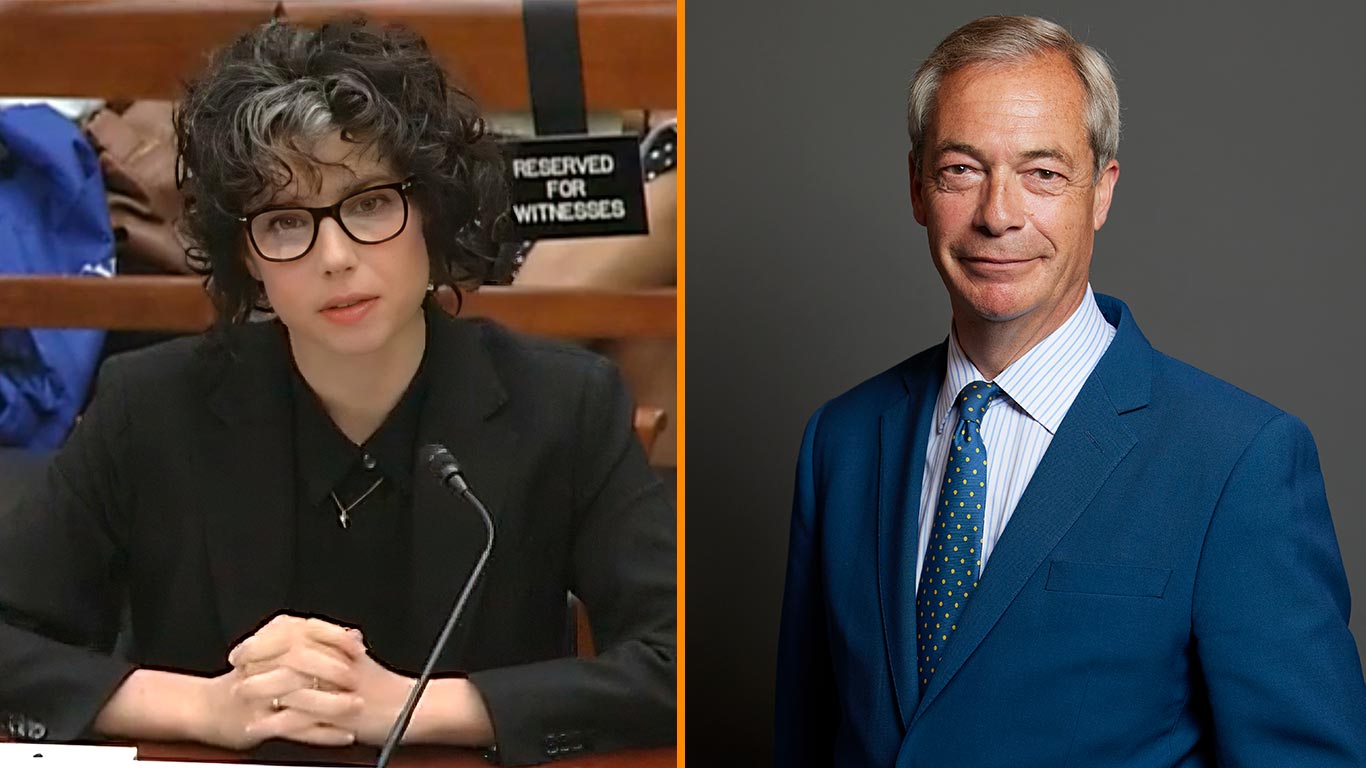 Meredith Whittaker, ordförande för Signal Foundation, och Nigel Farage, partiledare för Reform UK.